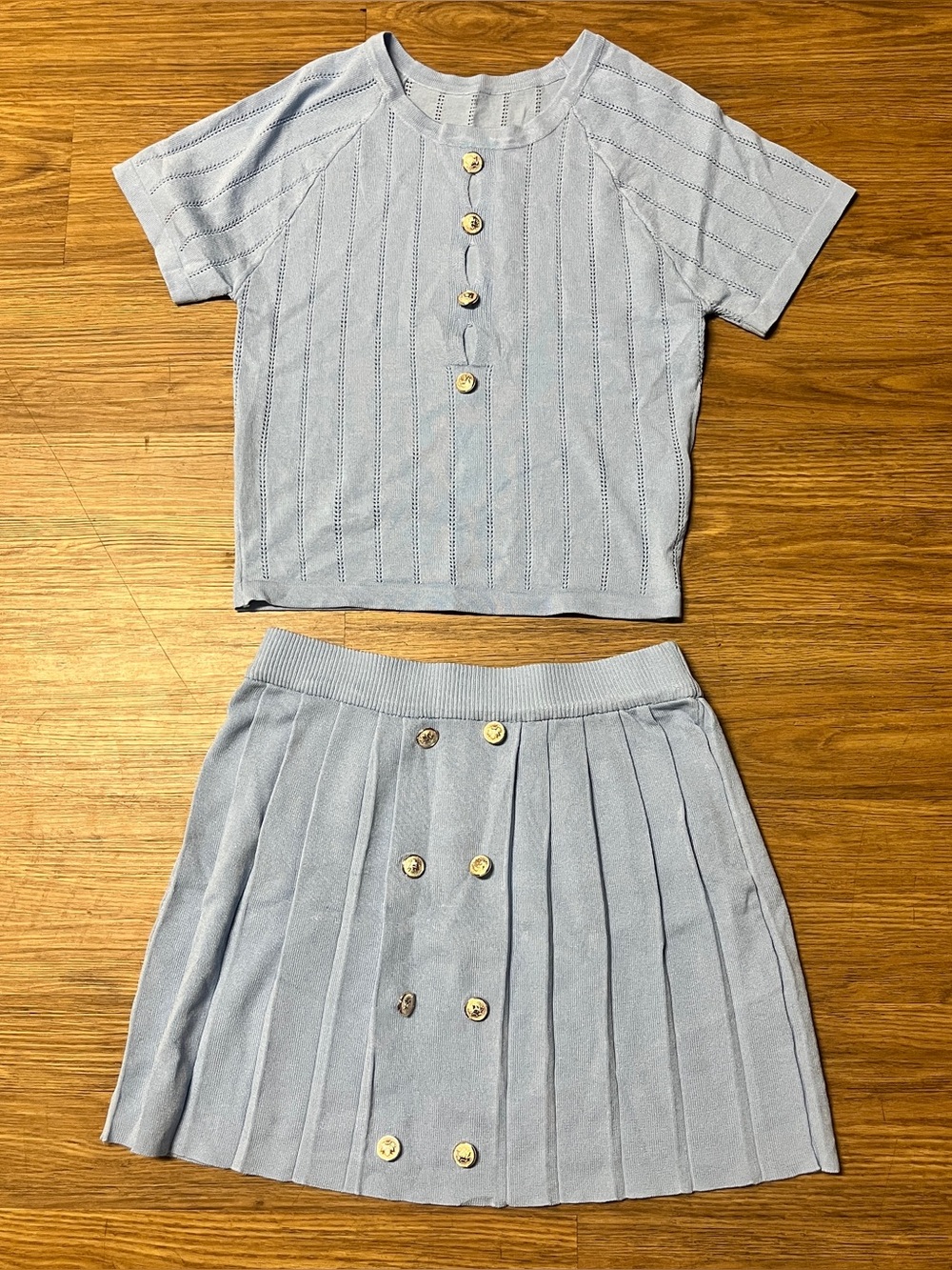 Women’s Light Baby Blue Two-Piece Knit Top Pleated Skirt Set Gold Buttons Preppy